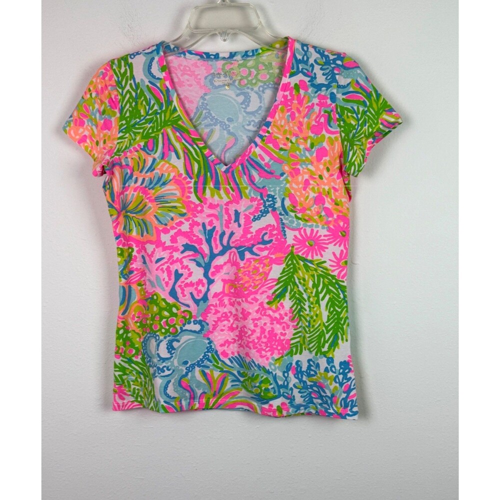 Lilly Pulitzer Michele Top Small Vibrant More Lovers Coral Print V Neck Cotton